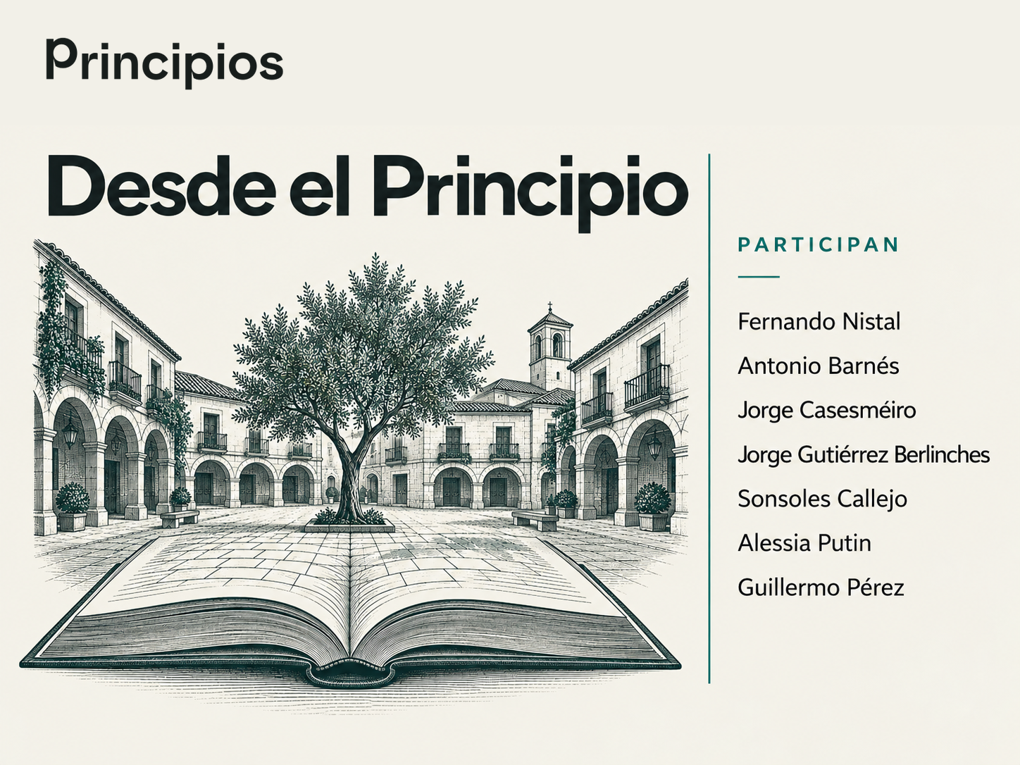 Grabado de un libro y una plaza: pensamiento y vida en común